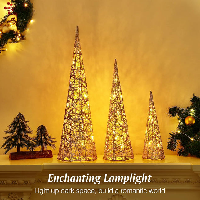 Lewondr Christmas Cone Trees, Set of 3 Christmas Tree with Lights and Glitters(24"/18"/12"), Battery Powered Decorative Winding Thread Outdoor Cone Christmas Tree for Home Holiday Xmas Décor, Gold