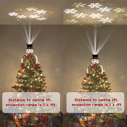 Lewondr Christmas Tree Topper Hat Projector, Snowman Hat Tree Topper with Snowflake Projector Light, Decorative Elf Hat Tree Topper for Xmas Tree Year Holiday Party Winter Home Decoration, White