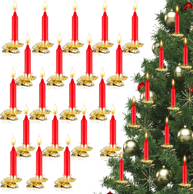 Tessco 40 Pcs Christmas Metal Candle Holder with Clip Set 20 Candle Holders for Christmas Tree Flower Shape Christmas Candle Clip Set with 20 Christmas Candles for Birthday Christmas(Gold Red)