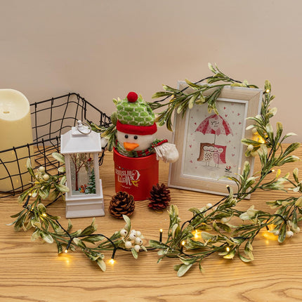 6 FT Christams Garland with Lights, Flocked Garland with Snow, 8 Lighting Modes 20 LED Lights, Battery Operated, Pineneedle, White Berries, Christmas Garland for Indoor Outdoor