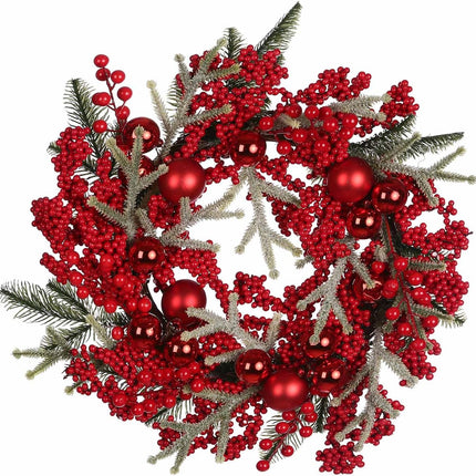 20 Inch Artificial Christmas Wreath, Decorated with Red Berries Pine Needles Red Christmas Ball for Indoor & Outdoor Christmas Decorations