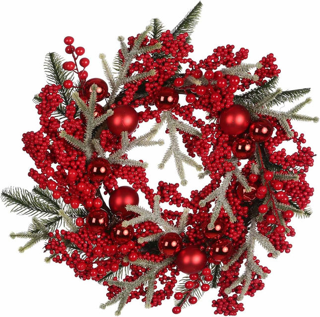 20 Inch Artificial Christmas Wreath, Decorated with Red Berries Pine Needles Red Christmas Ball for Indoor & Outdoor Christmas Decorations