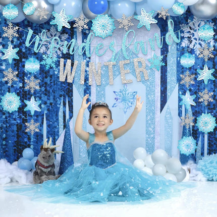 SUNBEAUTY Winter Wonderland Decorations Snowflake Garland Banner Winter Wonderland Snowflake Decorations for Happy Holidays Christmas Wedding Winter Wonderland 1st Birthday Party