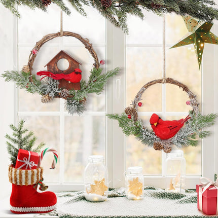 2pcs Small Christmas Wreath with Cardinal, 9-inch Mini Wreaths for Cabinets, Cabinet Wreaths for Kitchen Christmas, Wreaths for Windows (Cardinal)