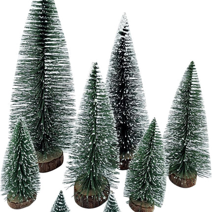 Rainmae 8Pack Tabletop Small Flocked Artificial Christmas Tree, Artificial Xmas Pine Tree, Mini Snow Covered Faux Tree with Wooden Bases for Xmas Holiday Party Home Handicraft Decor Desktop Ornaments