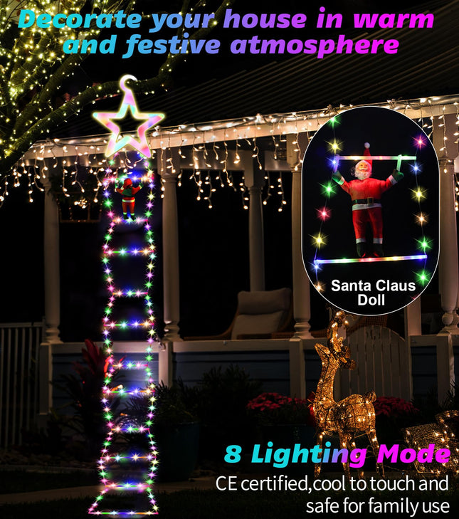 Christmas LED Ladder Lights, 10ft Christmas Decorative Light with Climbing Santa Claus, Christmas Decorations Lights for Indoor Outdoor Garden Xmas Tree Decor (Star-A)