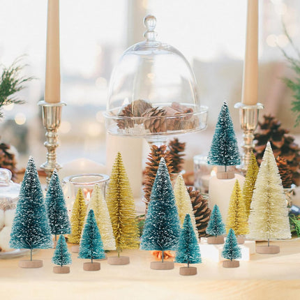 30PCS Artificial Frosted Sisal Mini Christmas Trees, Bottle Brush Trees with Wood Base Snow Frost Tree Artificial Winter Mini Pine for Christmas Decor Home Table Top Decoration and Crafts