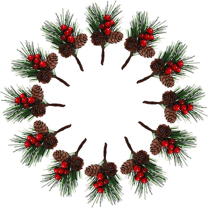 QLINLEAF Christmas Red Berry Stem Floral Pine Cone Artificial Pine Branch Evergreen Branch Pine Cone Decoration Christmas Decoration DIY Holiday Crafts Garland Decoration (12 Pieces)