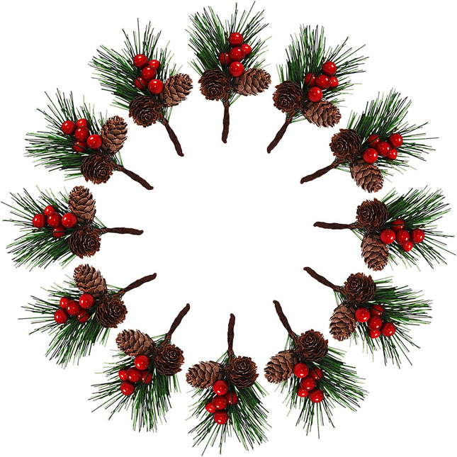 QLINLEAF Christmas Red Berry Stem Floral Pine Cone Artificial Pine Branch Evergreen Branch Pine Cone Decoration Christmas Decoration DIY Holiday Crafts Garland Decoration (12 Pieces)