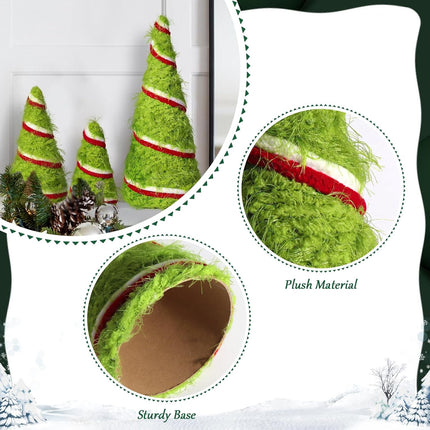 Grinchmas Christmas Decorations, 3Pcs Green Christmas Cone Tree Plush Fur Swirl Surface Cone Christmas Trees, Christmas Decor for Xmas Year Winter Holiday Home Décor