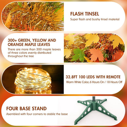 [ Timer ] 6Ft Lighted Fall Pop Up Tree - Artificial Fall Tinel Maple Tree with 100 Warm Lights, Battery Operated Collapsible Pencil Tinsel Fall Trees for Autum Harvest Thanksgiving Porch Home Decor