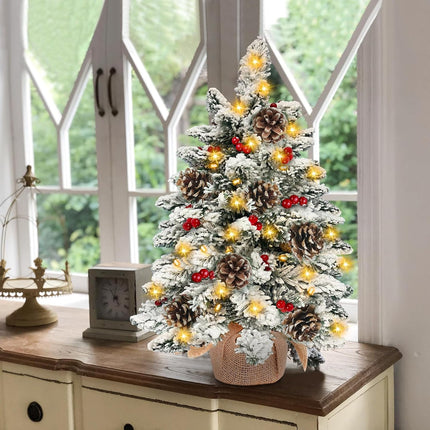 24 Inch Flocked Christmas Tree with 30 Warm Lights Timer, Mini Tabletop Christmas Tree Battery Operated 42 Red Berry Pinecone Burlap Base Small Christmas Tree Xmas Christmas Decorations Indoor Home