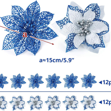ilauke 24Pcs Poinsettias Artificial Christmas Flowers, 6" Glitter Artificial Christmas Flowers with 30 Sliver Clips, for Xmas Tree Ornaments Wedding Party Wreath Decor (Blue)