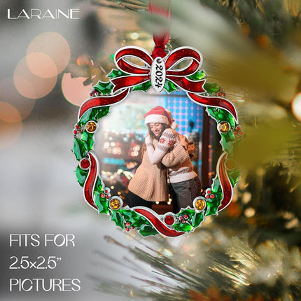 Laraine Christmas Tree Ornaments – Decorative Hanging Holiday Keepsake Pendant with 2.5" Photo Frame Insert for Picture of Pet (Wreath)