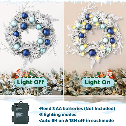 Christmas Wreath Christmas Decorations - 18" Christmas Wreaths for Front Door with Lights, Artificial Snowy Pine Branches Blue Ball Christmas Reef for Home Wall Windows Holiday Xmas Decor
