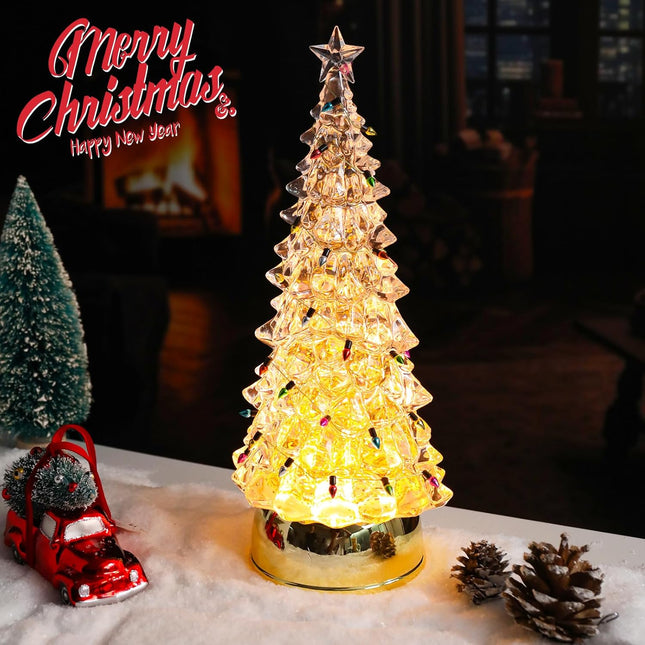 WONDER GARDEN Light Up Christmas Tree, 12” Acrylic Christmas Tree Snow Globe with Colorful Bulbs, Battery Operated Gold Water Swirling Glitter Led Lights Christmas Decorations Indoor for Tabletop