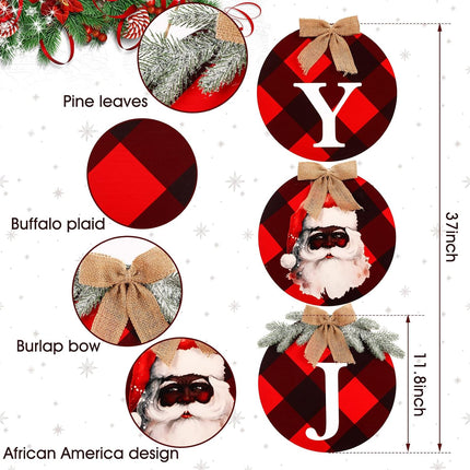 Christmas Black Santa Joy Wood Sign African American Christmas Decoration Red and Black Buffalo Check Plaid Xmas Hanging Ornaments for Xmas Year Winter Home Party Supplies