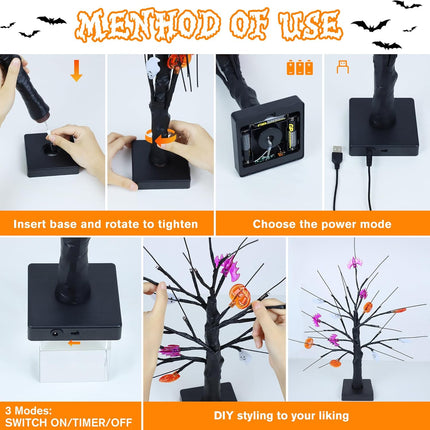 [Timer] 2 Pack 18" Black Halloween Tree, 48 LED Spooky Lighted Halloween Table Decor with Pumpkin Bat Ghost Lights, USB/Battery Operated Halloween Decorations Indoor Birch Tree for Home Party Mantle