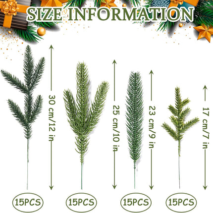 Syhood Christmas Artificial Pine Branches 4 Styles Pine Needles Faux Pine Tree Branches Garland Fake Greenery Picks for Mantle Garland Indoor Home Xmas Holiday Wall Decor(Green, 60 Pieces)