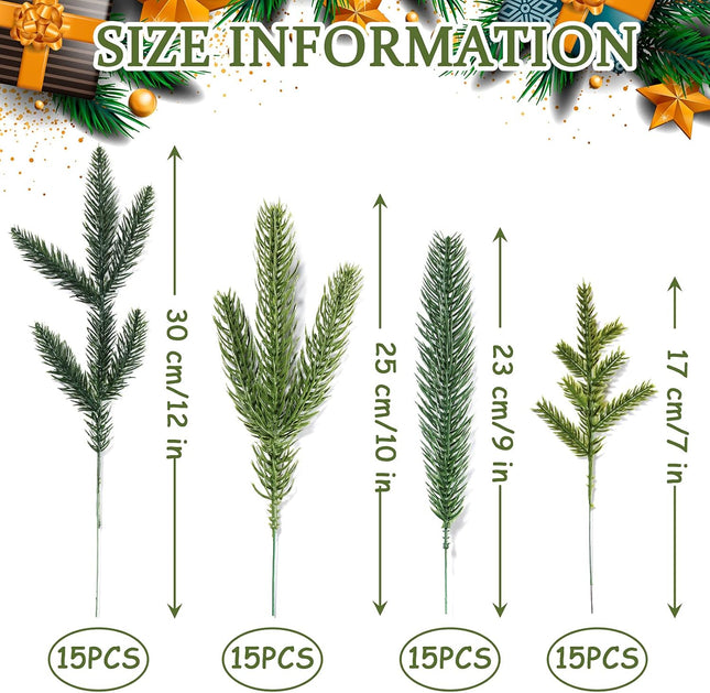 Syhood Christmas Artificial Pine Branches 4 Styles Pine Needles Faux Pine Tree Branches Garland Fake Greenery Picks for Mantle Garland Indoor Home Xmas Holiday Wall Decor(Green, 60 Pieces)