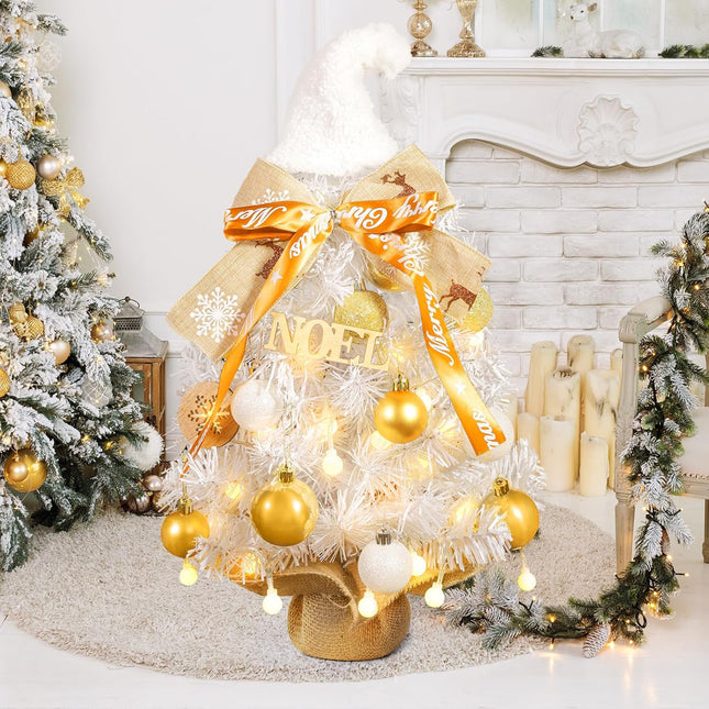 2FT White Small Christmas Tree with Lights,Gnome Tabletop Artificial Christmas Tree Desktop Xmas Tree with Ball Lights, Ornaments,Best DIY Christmas Decorations