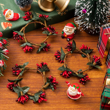 Noverlife 12 Set Christmas Napkin Rings, Artificial Foliage Berry Holiday Napkin Holders, Small Xmas Wreath Napkin Buckle Candle Rings Serviette Holders Banquet Table Decor for Christmas Dinner Party