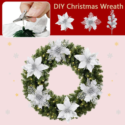 Homcomoda Christmas Poinsettia Artificial Flowers with Glitter Berries Stems 22PCS Christmas Flowers with Clips and Stems Christmas Tree Ornament for Xmas Holiday Year Wedding Decor