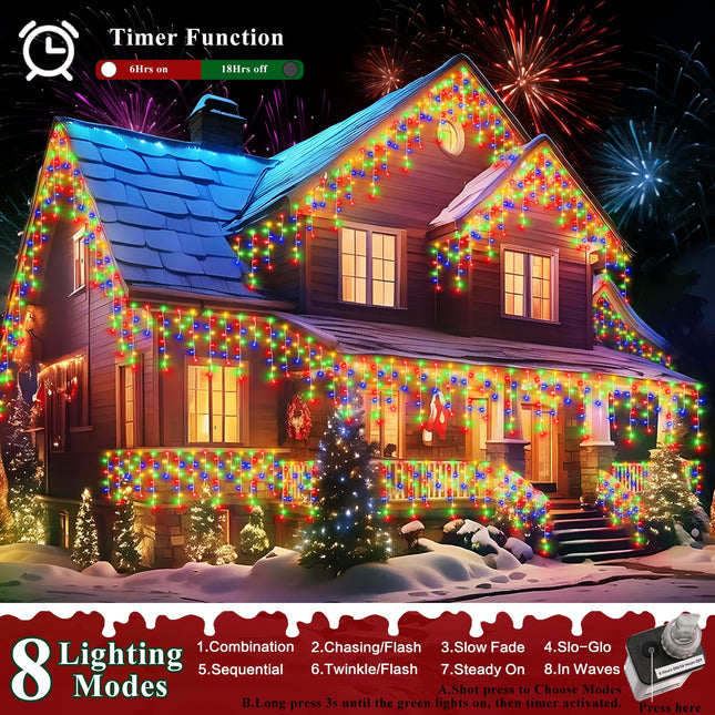 XURISEN 66ft Christmas Lights Decorations Outdoor, 640 LED 8 Modes Curtain Fairy Lights with 120 Drops,Plug in Waterproof Timer Memory Function for Christmas Holiday Wedding Party Decor(Multicolor)