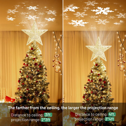 Mrrihand Christmas Tree Topper Lighted with 6 Projection Modes, Christmas Star Tree Topper Built-in LED Rotating Lights, Gold 3D Glitter Dynamic Projection for Christmas Tree Decorations