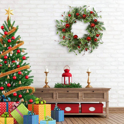 Artificial Christmas Wreath Winter Wreath with Holly Leaves,Red Bell for Front Door Indoor Outdoor Farmhouse Wall Holiday Decor