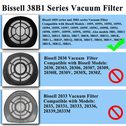 2037423 Filter Compatible With Bissell 3In1 Lightweight Stick Vac 38B1, 38B1L, 1059 Series, Compare To Part 2037423 & 2037424 4 Pack Vacuum Filter & 4 Pack Foam Filter