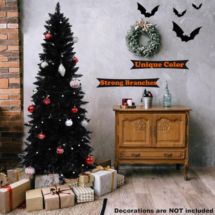 7ft Artificial Pencil Slim Black Christmas Tree Unlit-Tall Skinny Hinged Full Real Tall Halloween Xmas Tree with 950 Branch Tips-Foldable Metal Stand-Easy Setup-Holiday Outdoor Indoor Décor