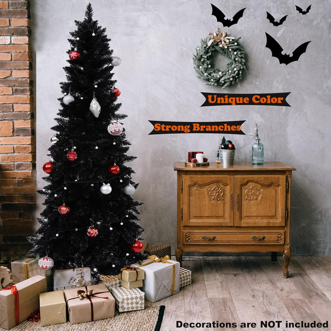 7ft Artificial Pencil Slim Black Christmas Tree Unlit-Tall Skinny Hinged Full Real Tall Halloween Xmas Tree with 950 Branch Tips-Foldable Metal Stand-Easy Setup-Holiday Outdoor Indoor Décor