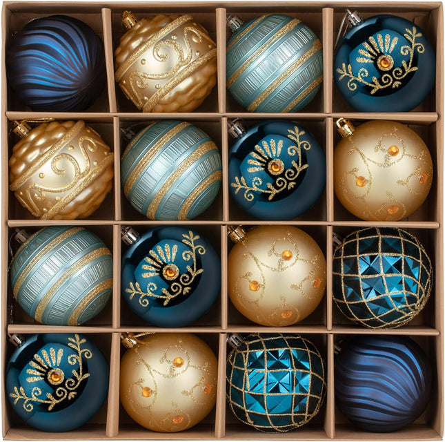 3.15" Christmas Ball Ornaments Set, 16pc Bulk Blue and Gold Xmas Tree Ornaments Decoration, Shatterproof Large Decorative Hanging Balls with Loop for Christmas Party Holiday Wreath Garland Home Decor