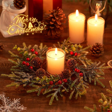 Mini Small Christmas Wreaths for Kitchen Cabinets-8pcs Christmas Candle Rings- Frosted Cedar Christmas Candle Rings Wreaths for Pillars/Window/Chair Wall-Christmas Table Centerpieces Decorations