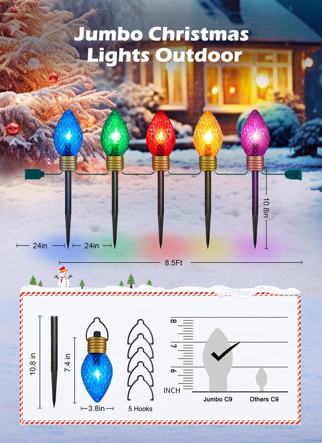 Strawberry Jumbo C9 Christmas Pathway Lights Outdoor - 8.5 Feet 5 LED Jumbo C9 Pathway Lights, Jumbo Multicolor Light Bulb Christmas Lights Outdoor Decorations for Lawn Holiday Yard, Multicolor