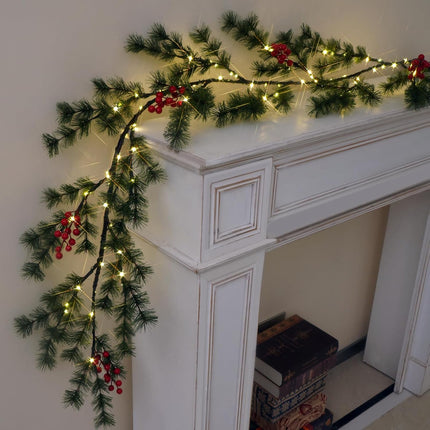 Pine Garland with Lights Christmas Decorations Indoor 100 LED Battery Operated with Timer 6 FT,Vine Lights for Walls Living Room Decor