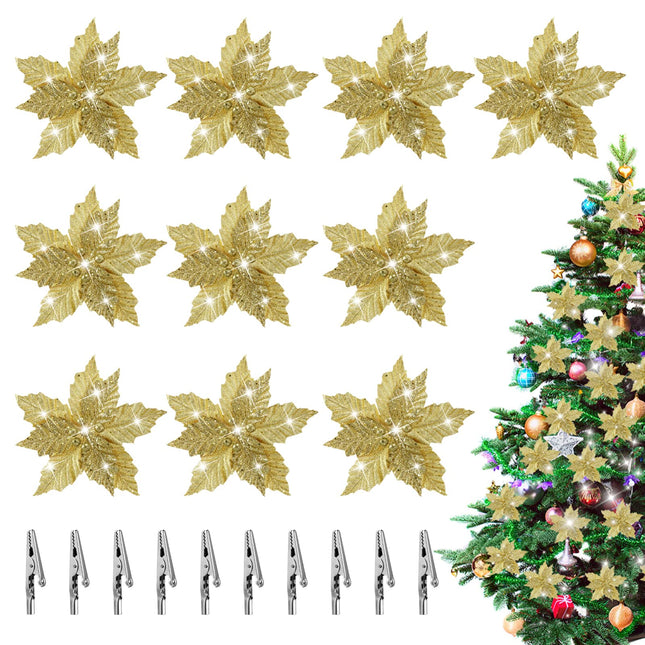 IMIKEYA Christmas Glitter Poinsettia Flowers：10PCS Christmas Tree Flowers 9.8" Christmas Artificial Flowers Poinsettia Flower Faux Christmas Flowers for Xmas Tree Wedding Party Wreath Decor