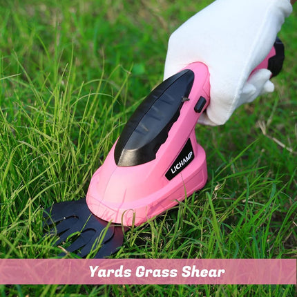 Lichamp 2-in-1 Electric Hand Held Grass Shear Pink Hedge Trimmer Shrubbery Clipper Cordless Battery Powered Rechargeable for Garden and Lawn, CGS3601PK Pink