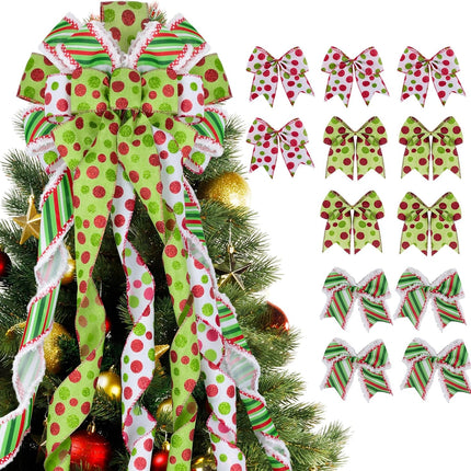 1 Large Christmas Tree Topper Bows and 12Pcs Small Wreath Bows Set Candy Stripe Red Green Dot Bow Xmas Ornaments for Christmas, Holiday Party, Indoor/Outdoor Home Decor, 47"x13"