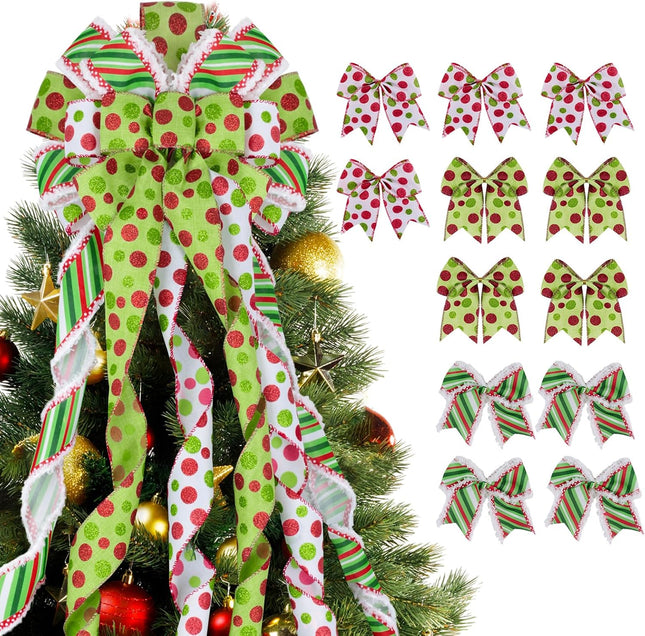 1 Large Christmas Tree Topper Bows and 12Pcs Small Wreath Bows Set Candy Stripe Red Green Dot Bow Xmas Ornaments for Christmas, Holiday Party, Indoor/Outdoor Home Decor, 47"x13"