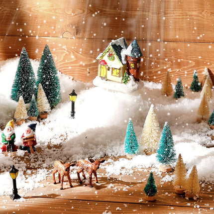 Yerliker 28 Pieces Christmas Mini Miniature Village Accessories Artificial Trees Street Lamps Santa Snow Houses Elk for Miniature Scenes Village Displays (Lake Blue and Beige,Gnome Style)
