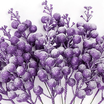 16 Pieces Artificial Glitter Berries Stems, 8-Inch Frosted Christmas Picks Berry Sprays Twig Glitter Holly Berry Branches for Xmas Tree Fillers Ornaments, Wreath, Crafts, Home Holiday Decor (Purple)