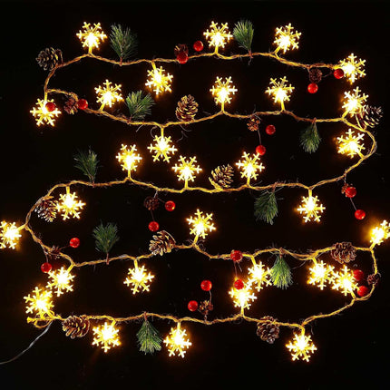 Christmas Garland with Snowflake Lights, 30 Led 10ft Battery Operated 8 Lighting Modes Timer Pine Cones Red Berry Garland Indoor Outdoor Office Decor Xmas String Light Mantle Decorations Warm White