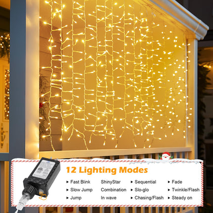 Brightown Cluster Icicle Lights Outdoor, 10FT2.5FT 480 LED Curtain Lights with 12 Mode, Icicle String Lights with Timer, Waterproof Firecracker Christmas Lights Outdoor for Bedroom Indoor, Warm White