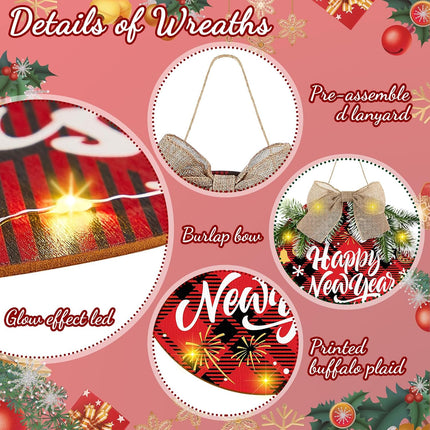 2 Sets Merry Christmas Wreaths Hanging Sign Wooden Buffalo Plaid Decorations, Welcome Wreath Sign for Front Door, Hanging Sign with Light for Farmhouse Porch and Kitchen Happy Years Decorations
