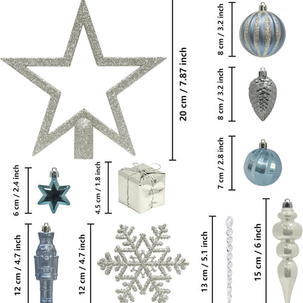 ITART 115pcs Christmas Tree Ornaments Assortment Dusty Blue Cream Gold Including Star Tree Topper Balls Large Snowflakes Pine Cone Nutcracker Figurines Bead Garland for Christmas Tree Decor