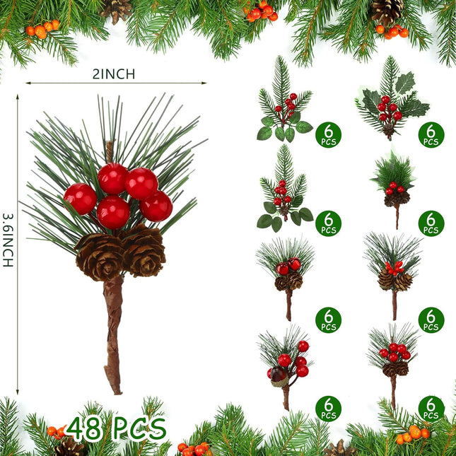 Red Berry Stems Pine Branches Artificial Christmas Picks Floral Pine Cones Faux Stems Spray Christmas Tree Picks Artificial Pine Branches(Vivid,48 Pcs)