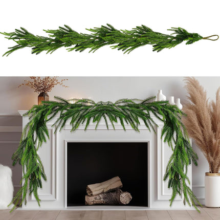 9Ft Christmas Garland Norfolk Pine Garland, Real Touch Winter Pine Garland, Green Artificial Greenery Garland for Table Wall Porch Fireplace Outdoor Indoor Room Winter Decoration