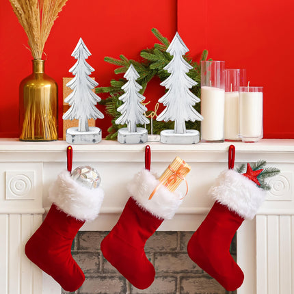 Set of 3 Christmas Trees Wooden Table Decorations Centerpiece Holiday Wood White Tree on Base Tiered Tray Tabletop Sign Decor 3 Sizes for Office Dining Mantle Home Winter Xmas Party Supplies